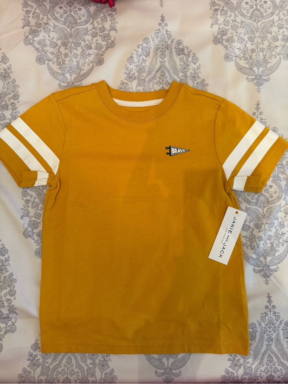 Janie and Jack Mustard Yellow Tee with White Sleeve Stripes